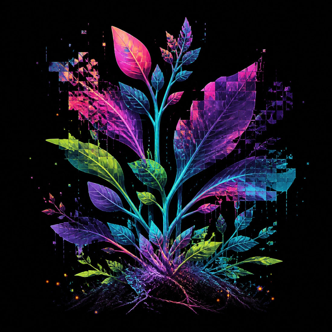 Corrupted Garden Protocol artwork with fractured neon forms and controlled digital distortion