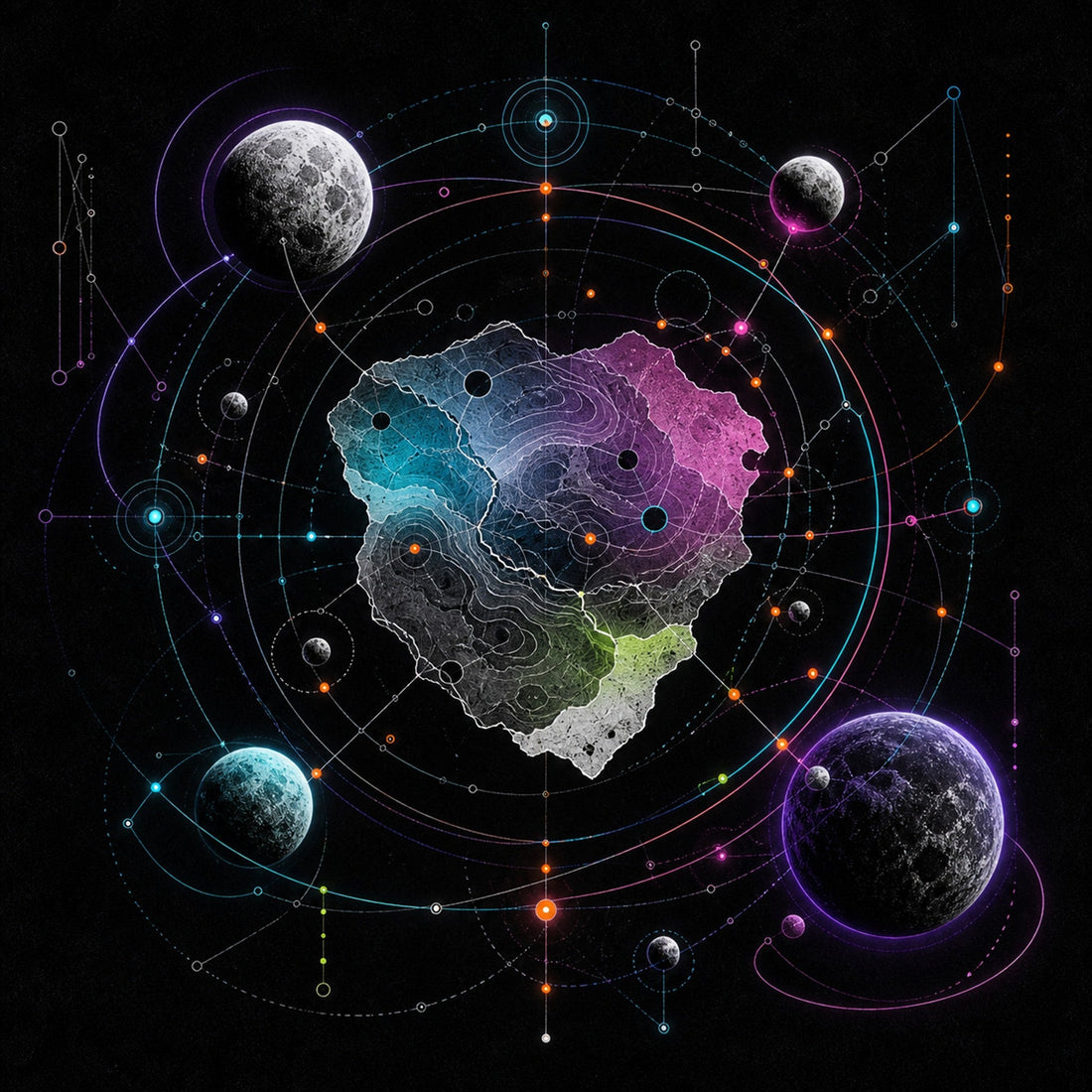 Orbiting Atlas artwork with luminous orbital paths, celestial structures, and imagined coordinates