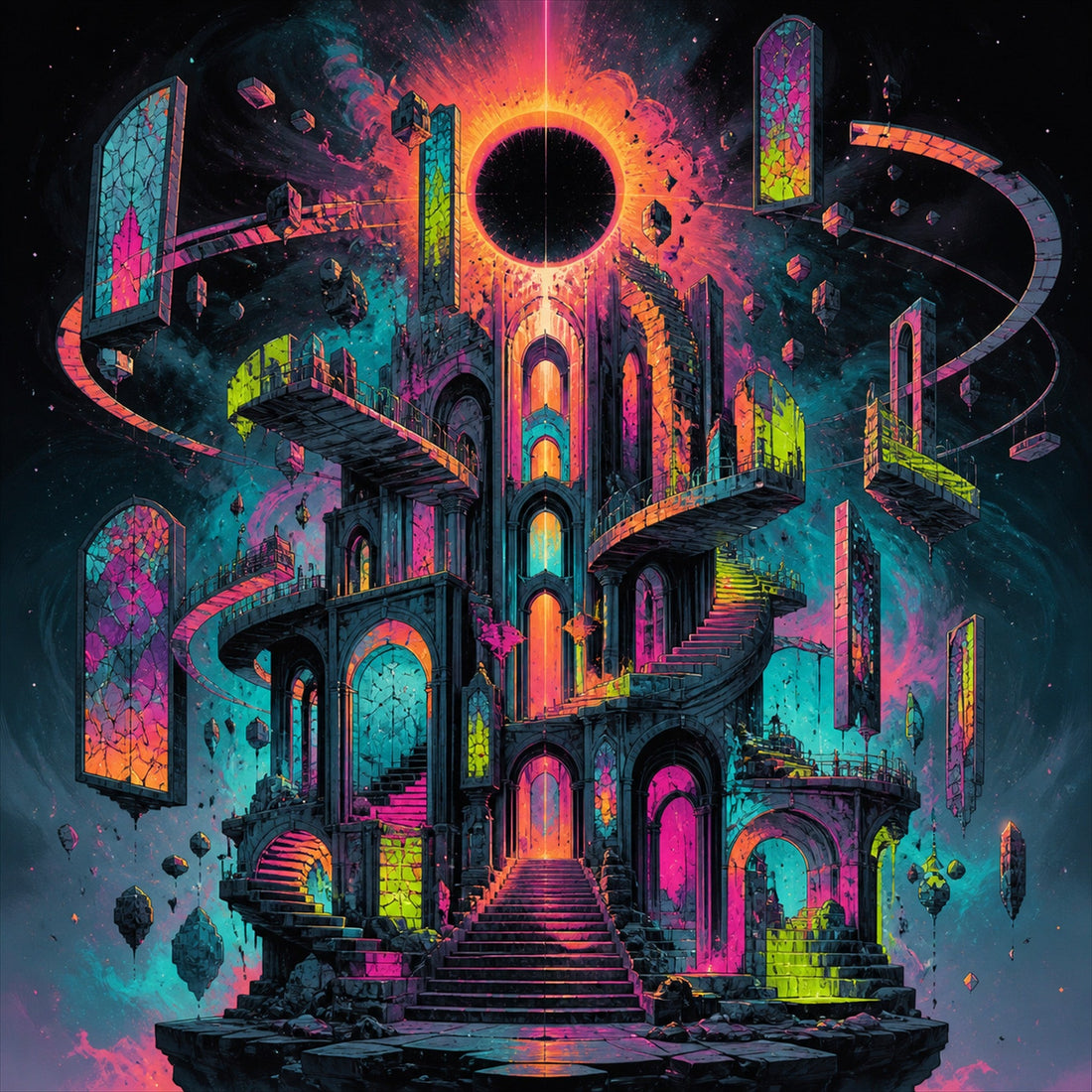 Orbiting Cathedral original TrendTap artwork with monumental cosmic architecture and orbital light