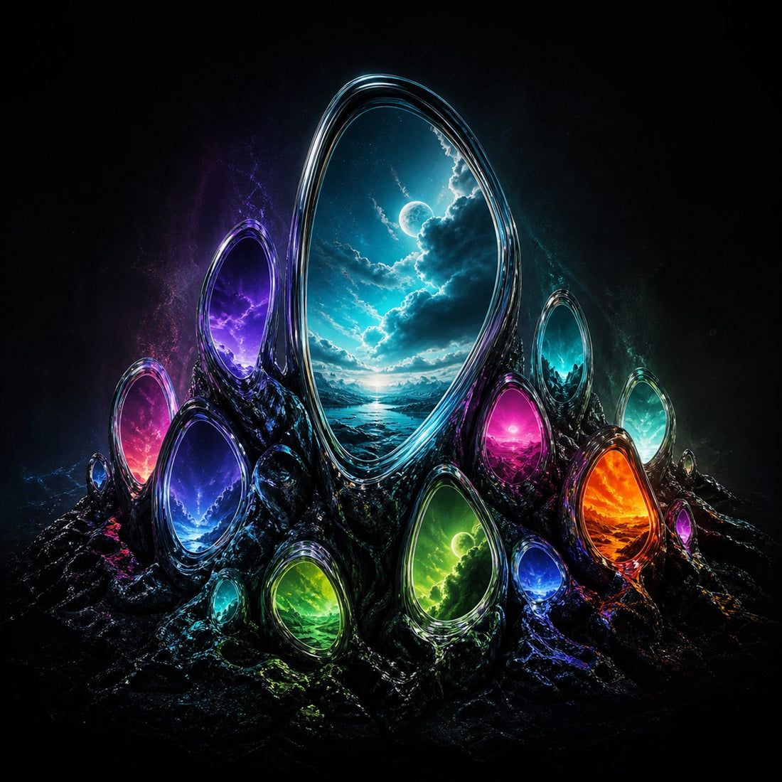 Portal Garden square artwork with a centered dimensional portal and layered psychedelic geometry
