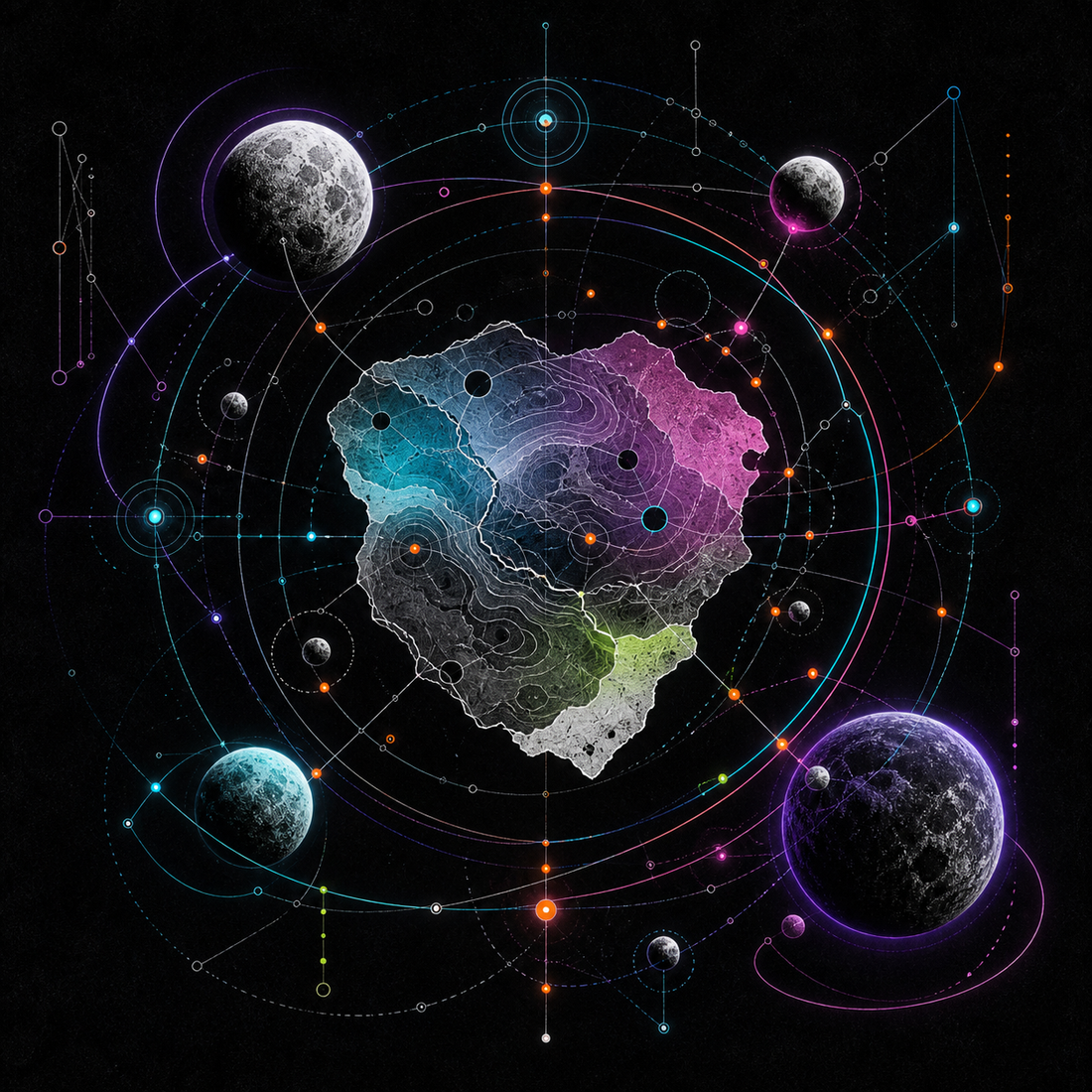 Orbiting Atlas original TrendTap artwork with cosmic cartography and luminous orbital structures