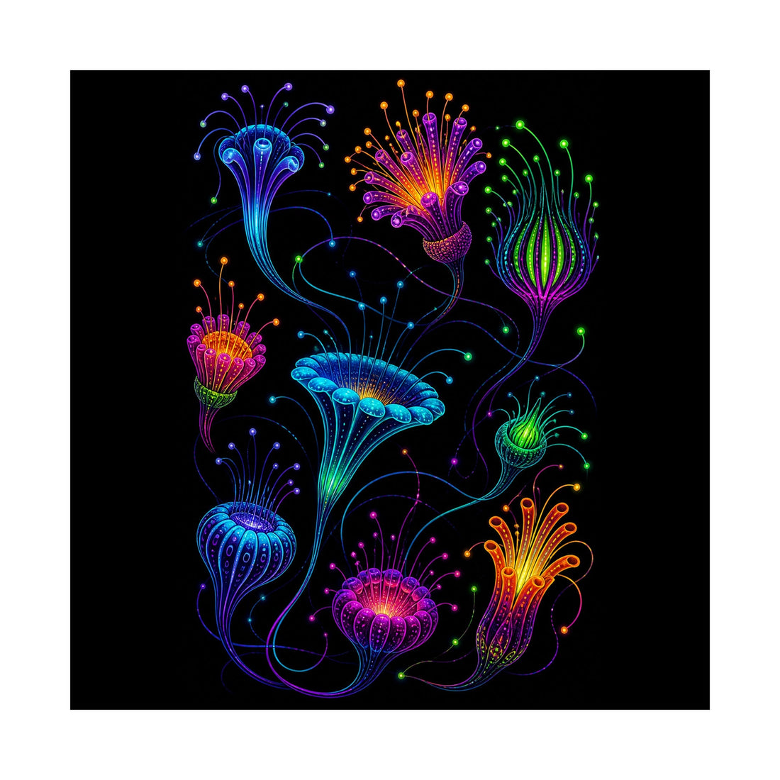 Blacklight Bloom Relay art print with luminous invented flowers connected by flowing stems