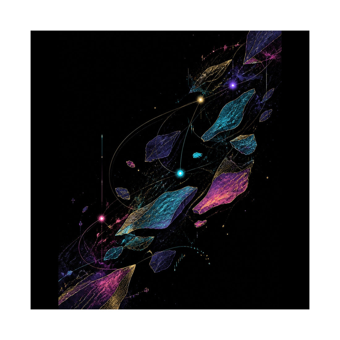 Celestial Drift Tapestry square art print with floating prismatic forms and open dark space