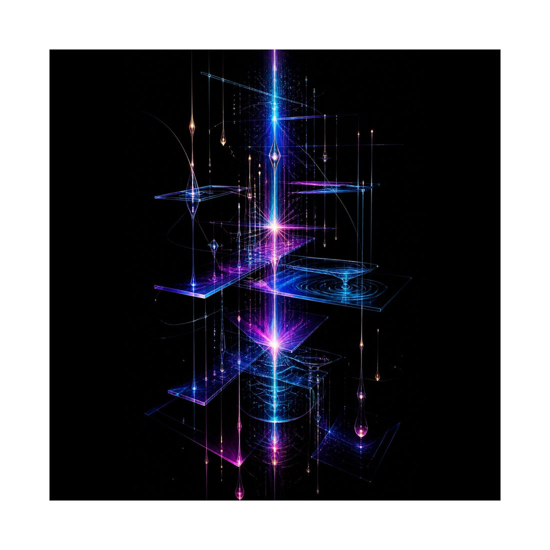 Glass Meridian Relay square art print on a clean display for planning artwork above a bed