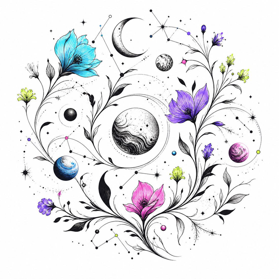 Astral Ink Garden celestial botanical linework artwork