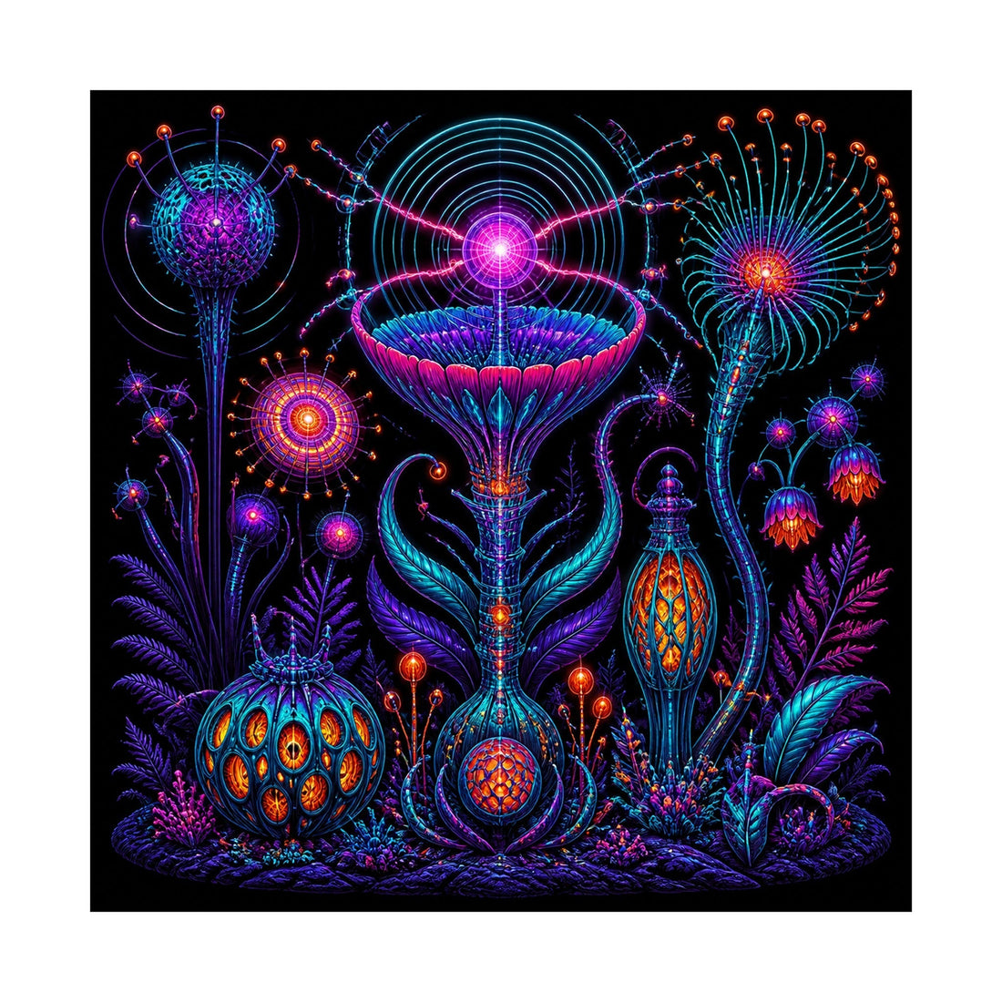 Impossible Radio Garden art print showing an invented signal machine growing through a fictional ecology