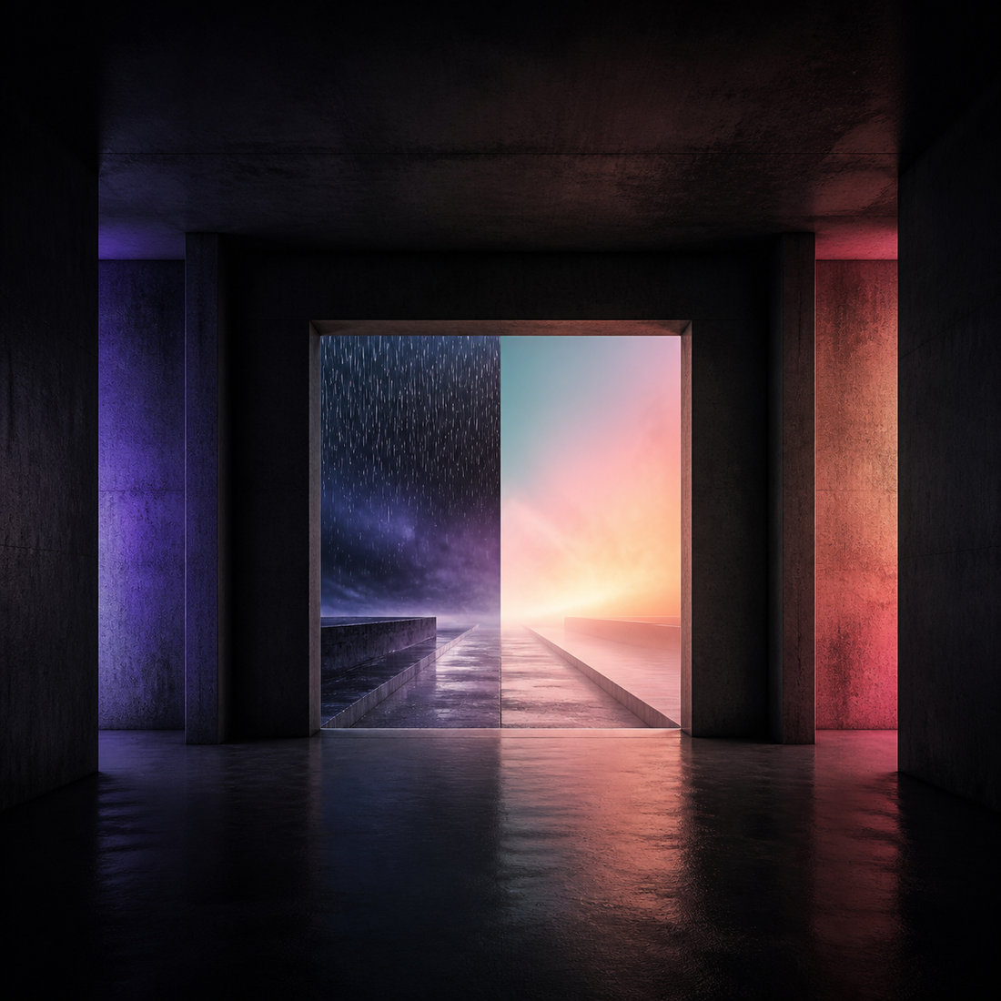Empty Room Weather original TrendTap artwork with luminous liminal architecture and surreal color
