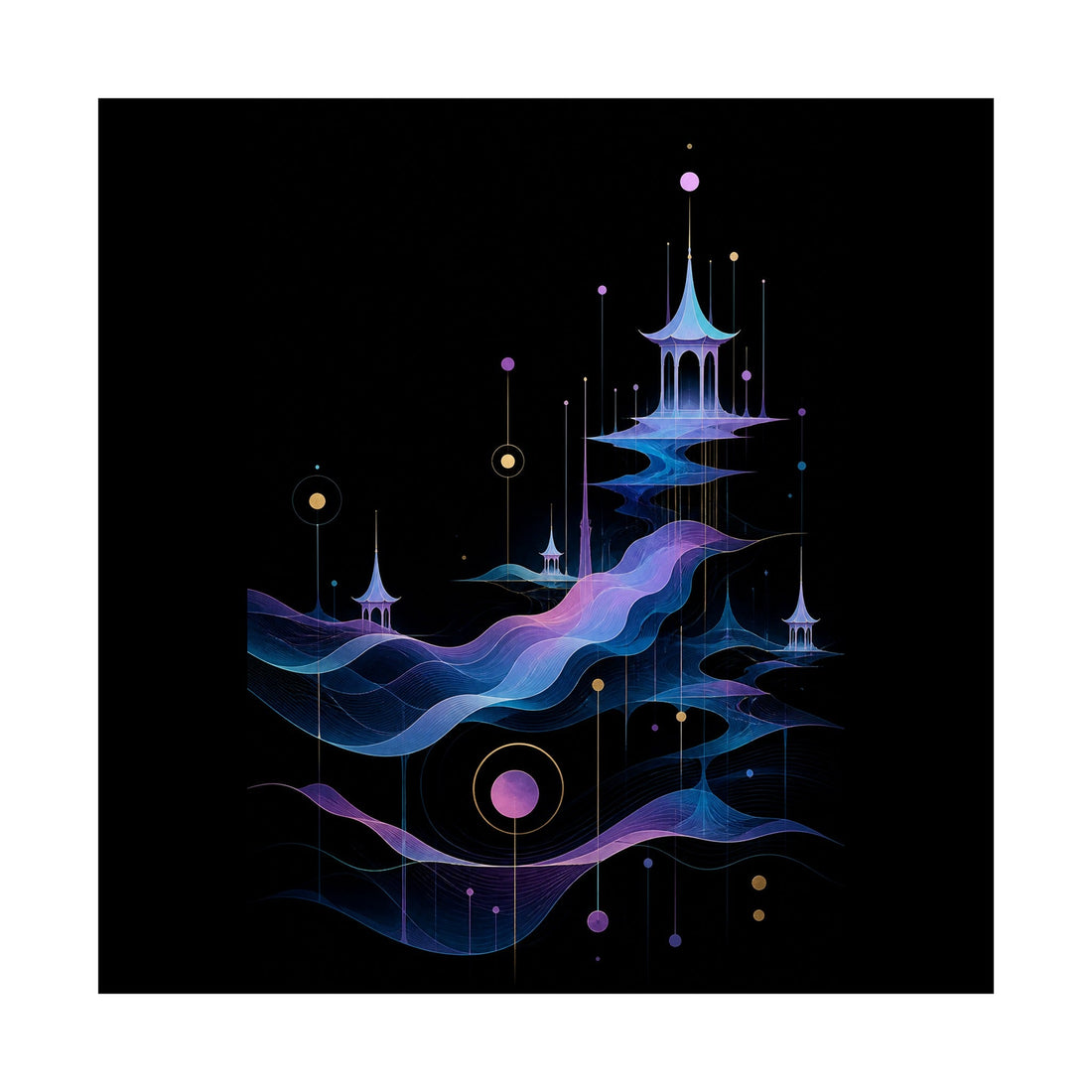 Pale Signal Pavilions art print showing quiet architectural forms inside an open surreal environment