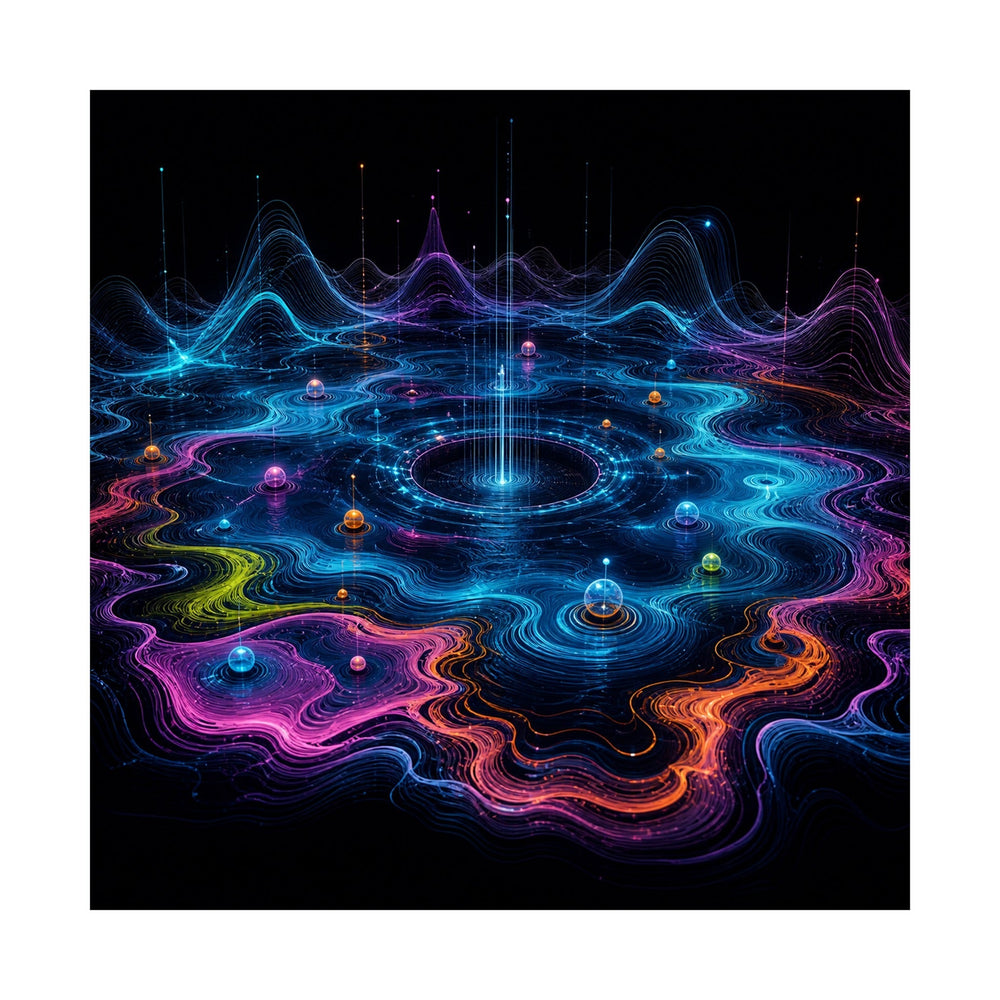 Pale Signal Reservoir art print showing orbital nodes and wave-like paths without invented written language