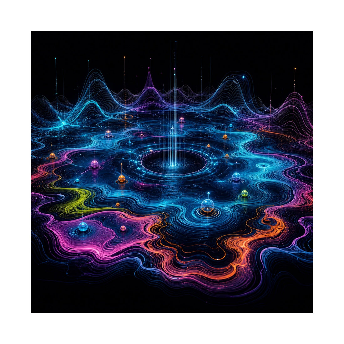 Pale Signal Reservoir art print showing orbital nodes and wave-like paths without invented written language