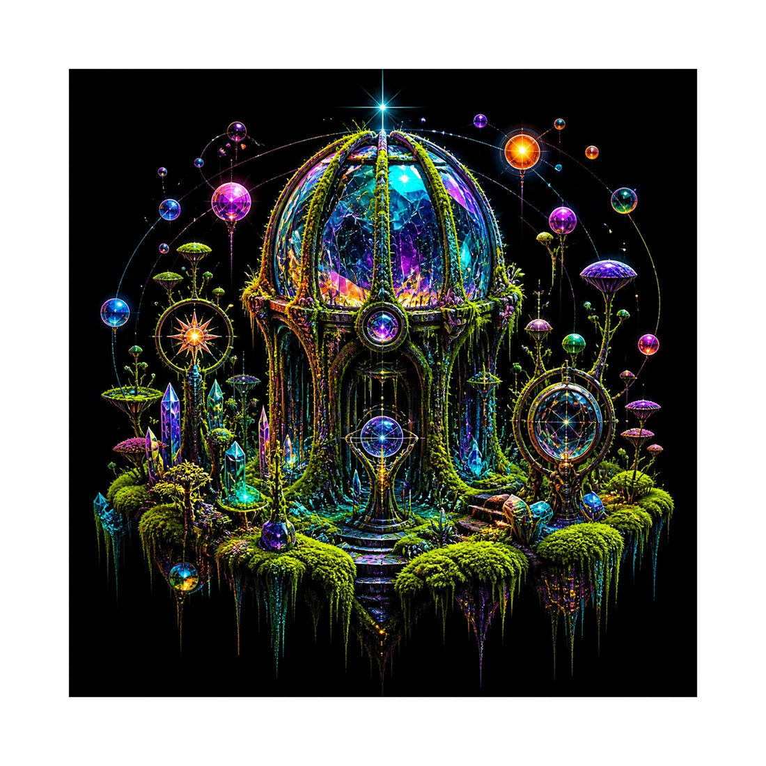 Prism Moss Observatory art print with green, violet, and luminous accent colors on a clean display