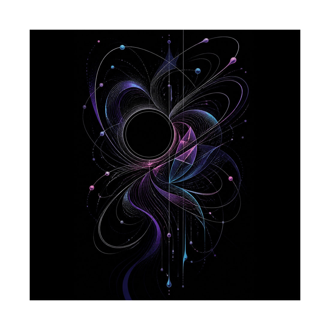 Quiet Orbit Bloom square art print with restrained orbital linework on a dark field