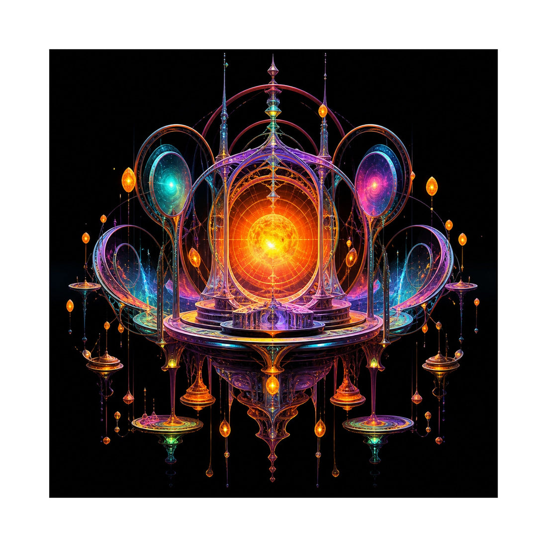 Saffron Void Observatory square art print with a strong central form suitable for placement planning above furniture