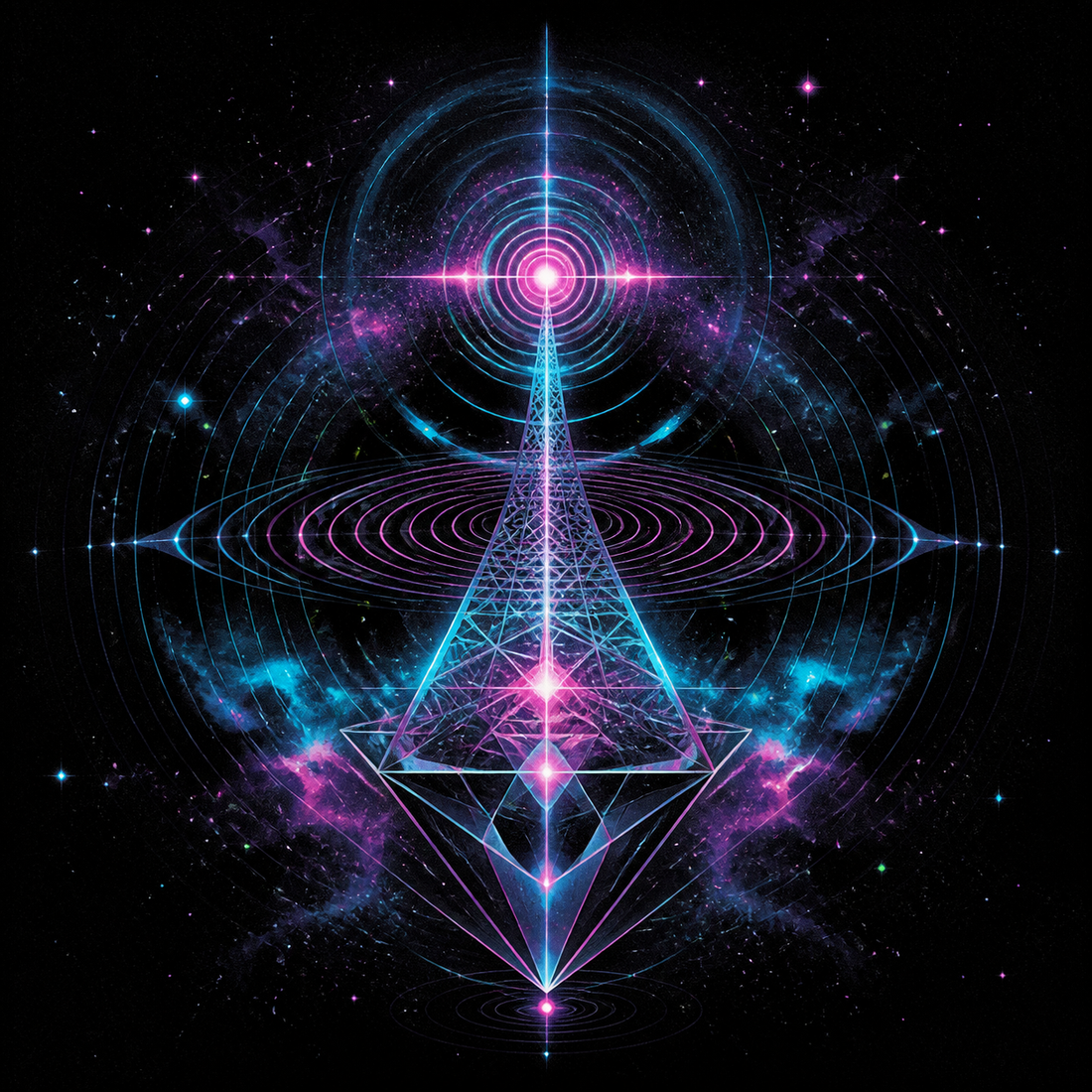 Chromatic Echo Field original TrendTap artwork with layered neon geometry on a dark field