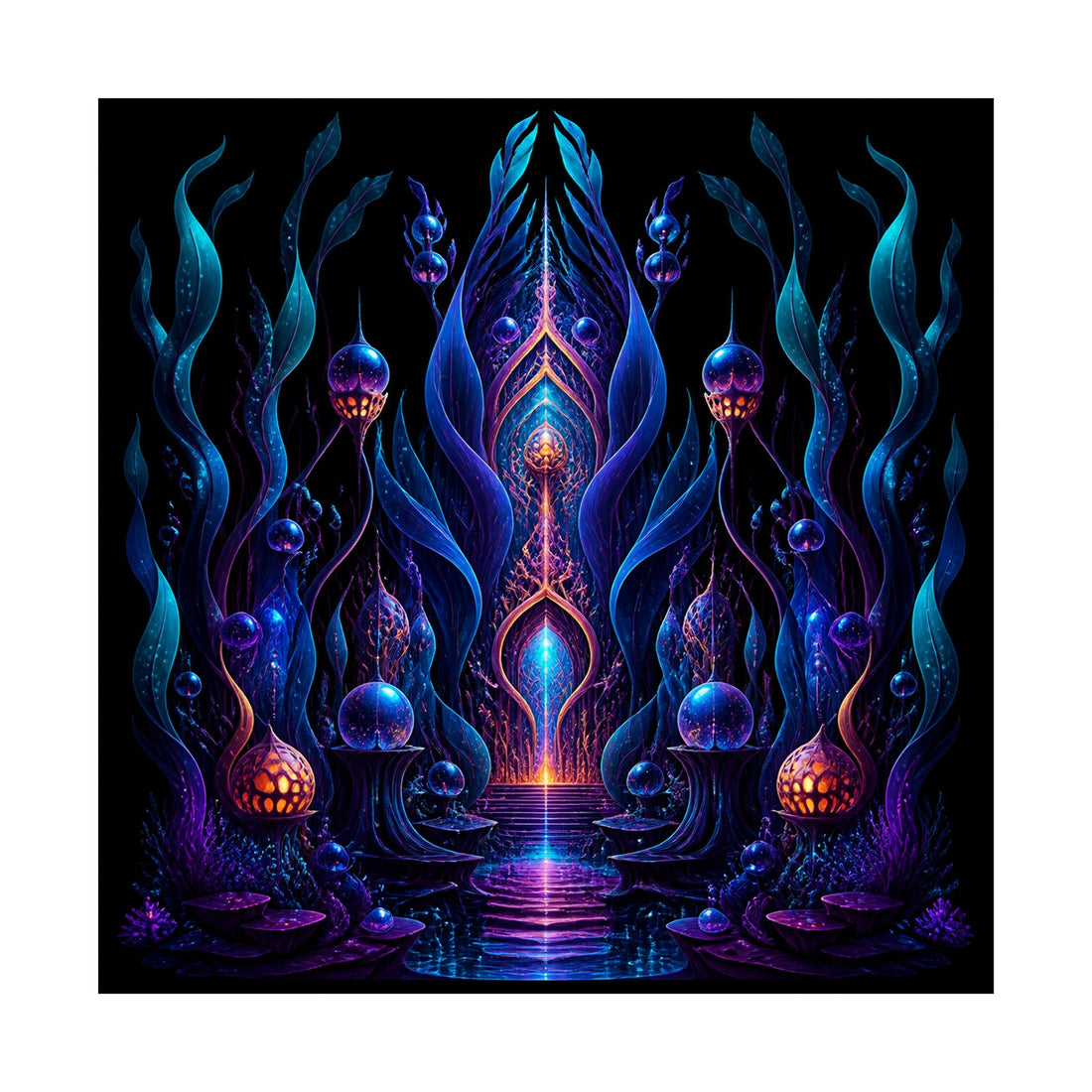 Ultraviolet Kelp Cathedral art print combining cool violet structures with warm luminous accents