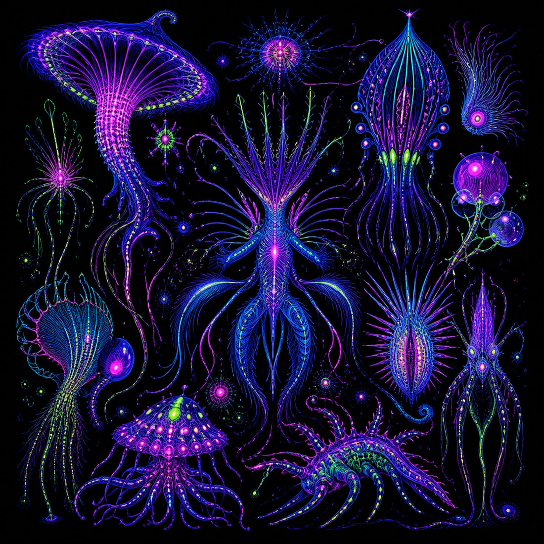 Ultraviolet Menagerie original TrendTap artwork with luminous blacklight creatures on a dark field