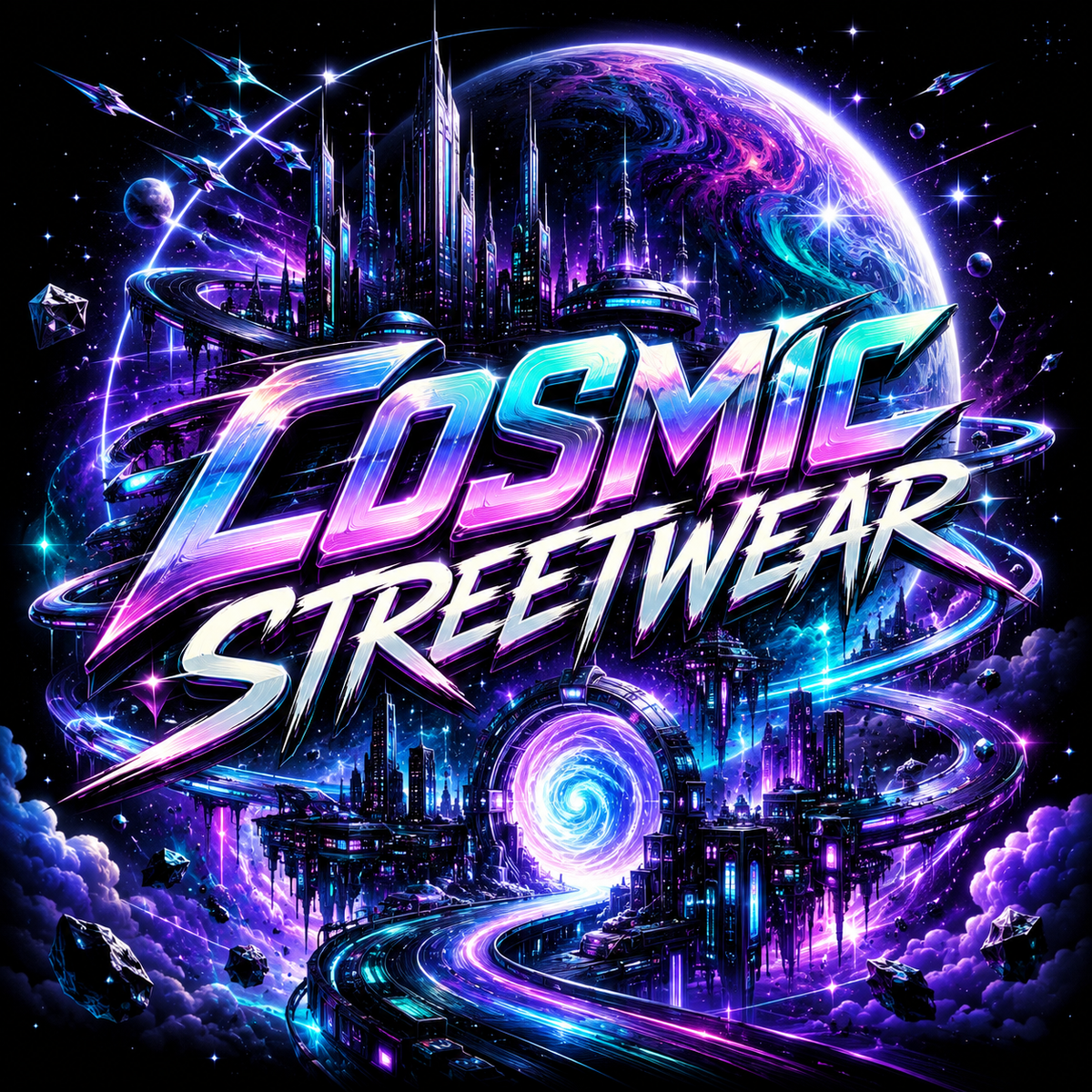 Neon cosmic megacity artwork for the TrendTap Cosmic Worlds collection