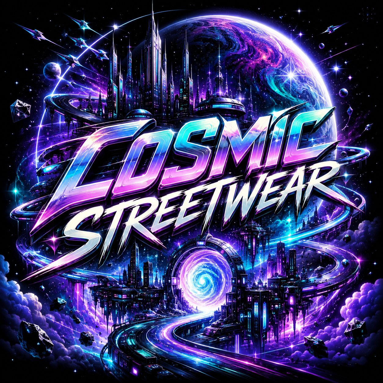 Neon cosmic megacity artwork for the TrendTap Cosmic Worlds collection