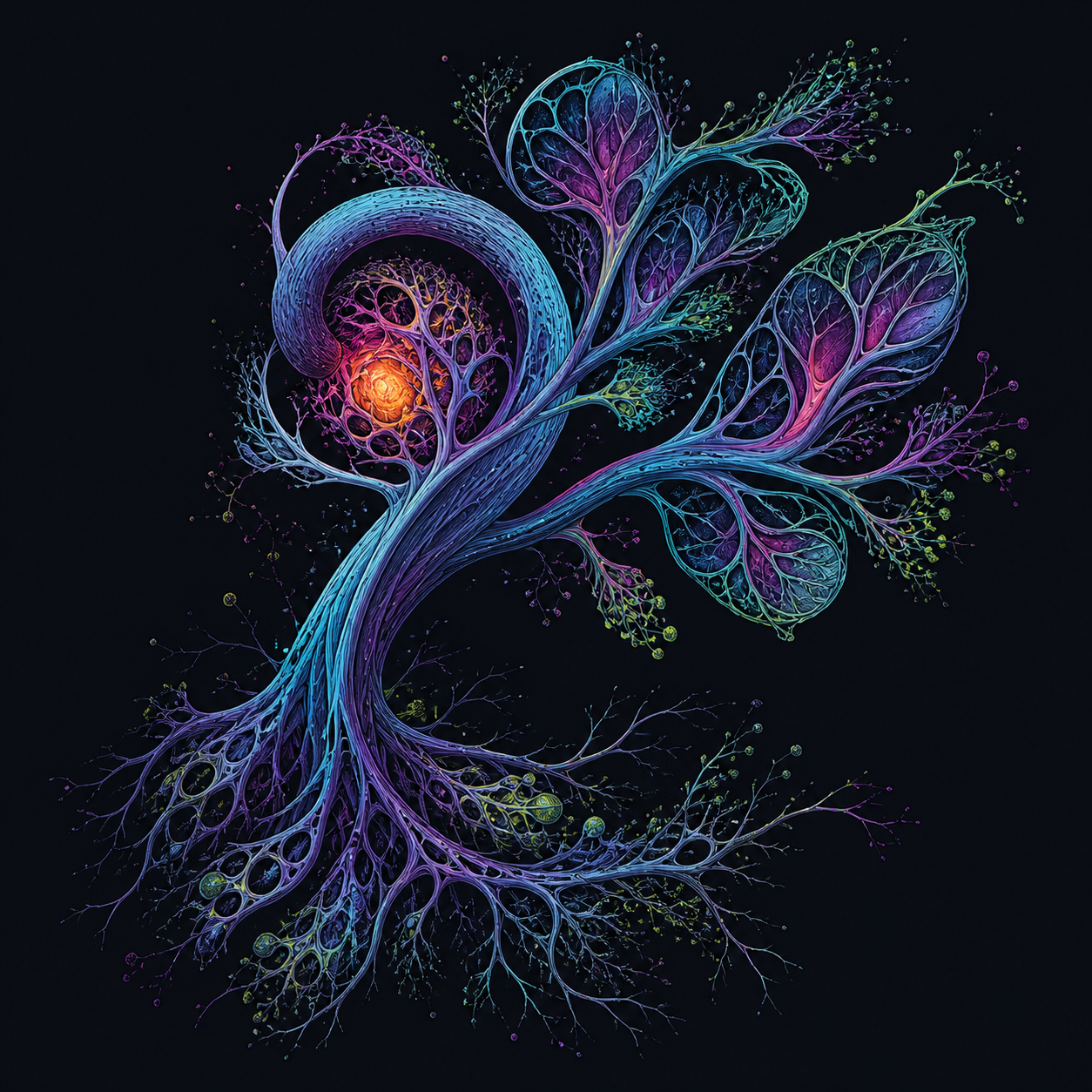 Recursive Botany fractal tree artwork in cyan, violet and acid green