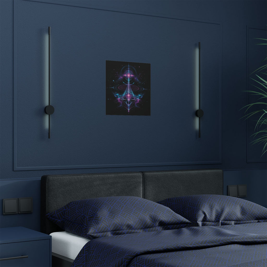 Chromatic Echo Field art print displayed above a dark blue bedroom