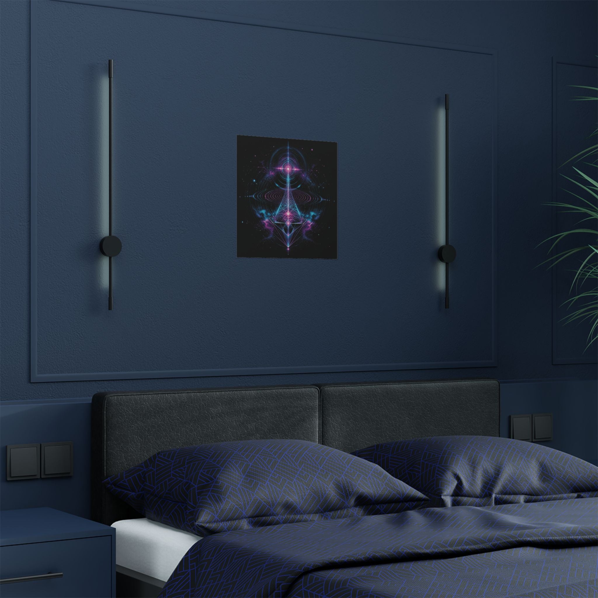 Chromatic Echo Field art print displayed above a dark blue bedroom