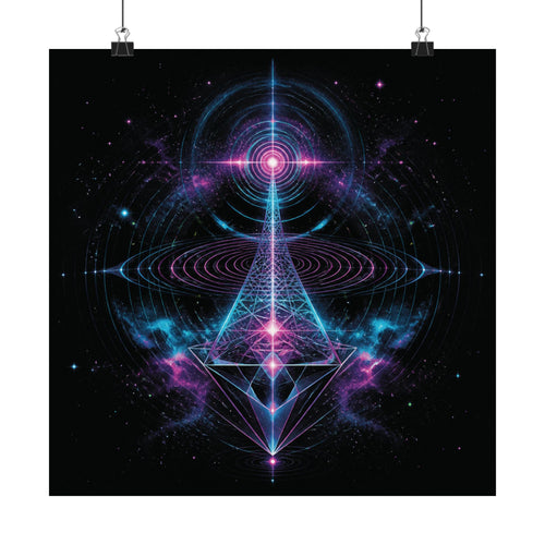 Chromatic Echo Field square satin art print displayed with black binder clips