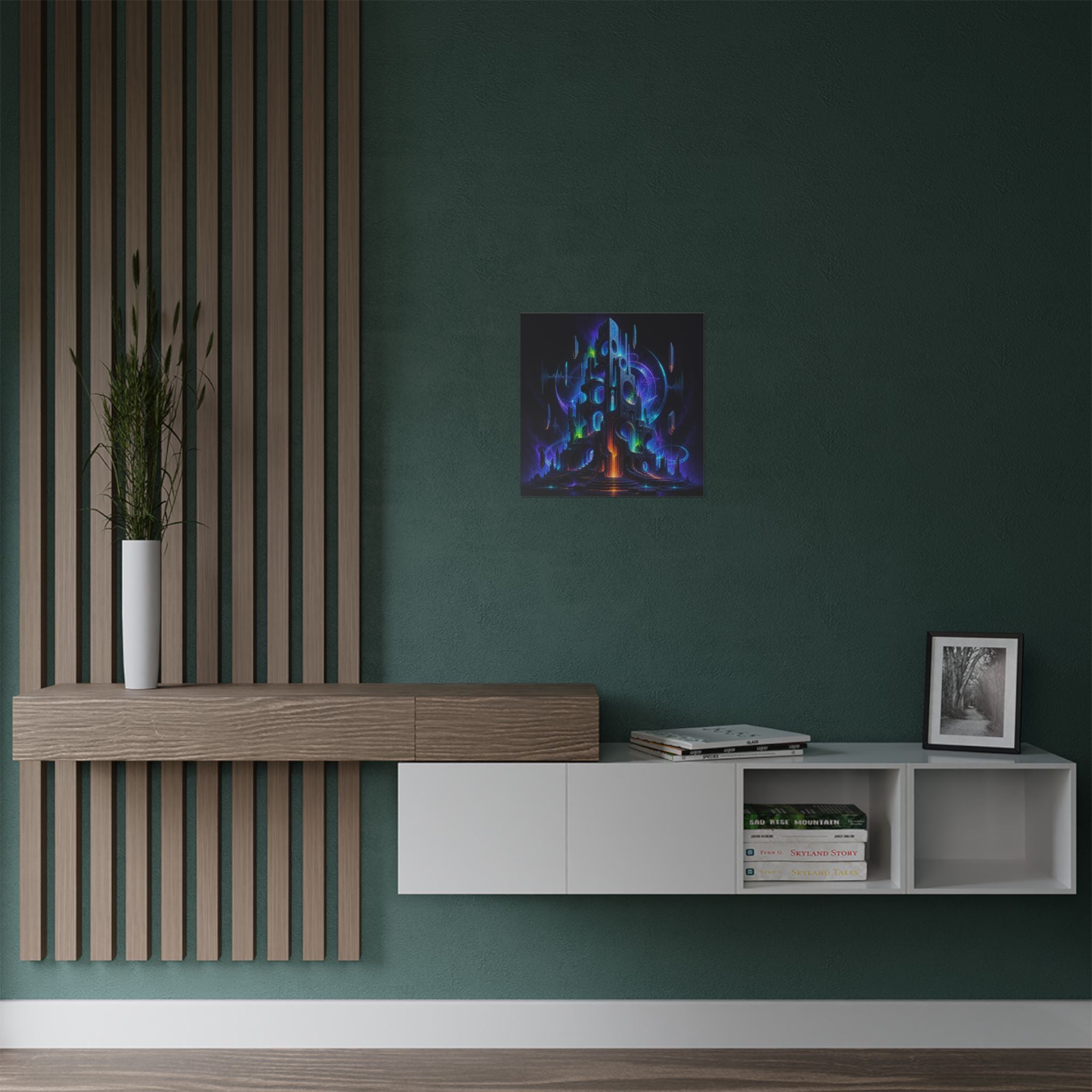 Polyphonic Monolith art print displayed on a deep green living room wall