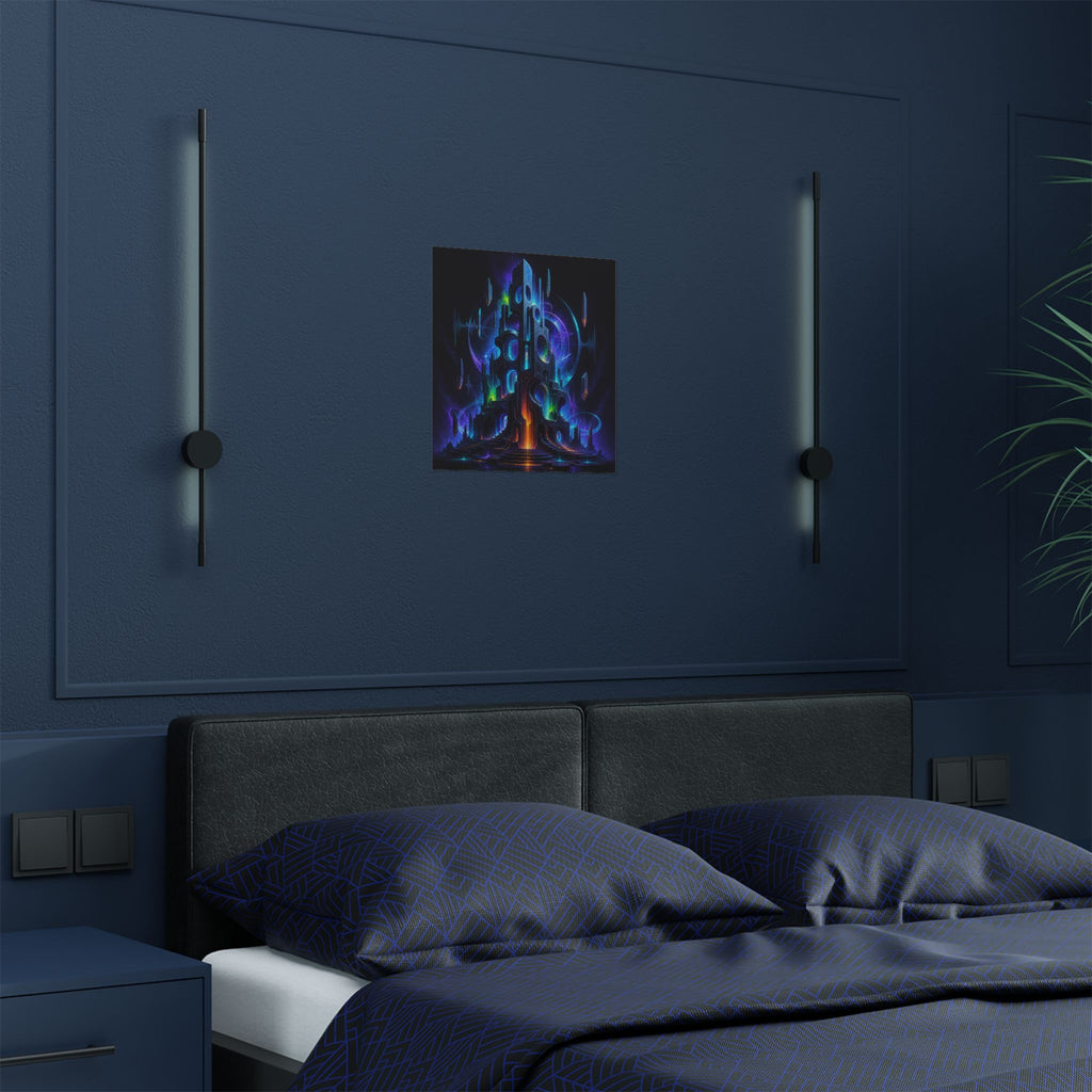 Polyphonic Monolith art print displayed above a dark blue bedroom