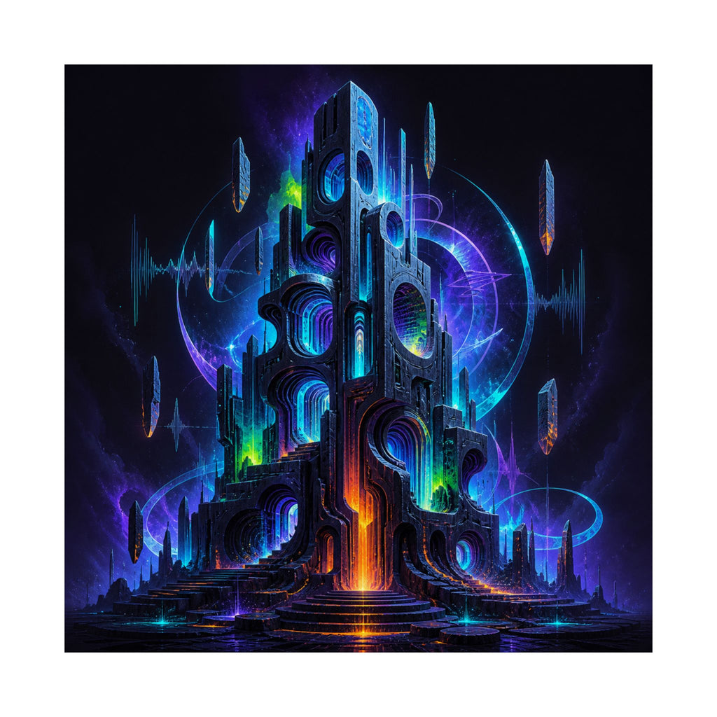 Polyphonic Monolith square satin art print shown against a clean white background