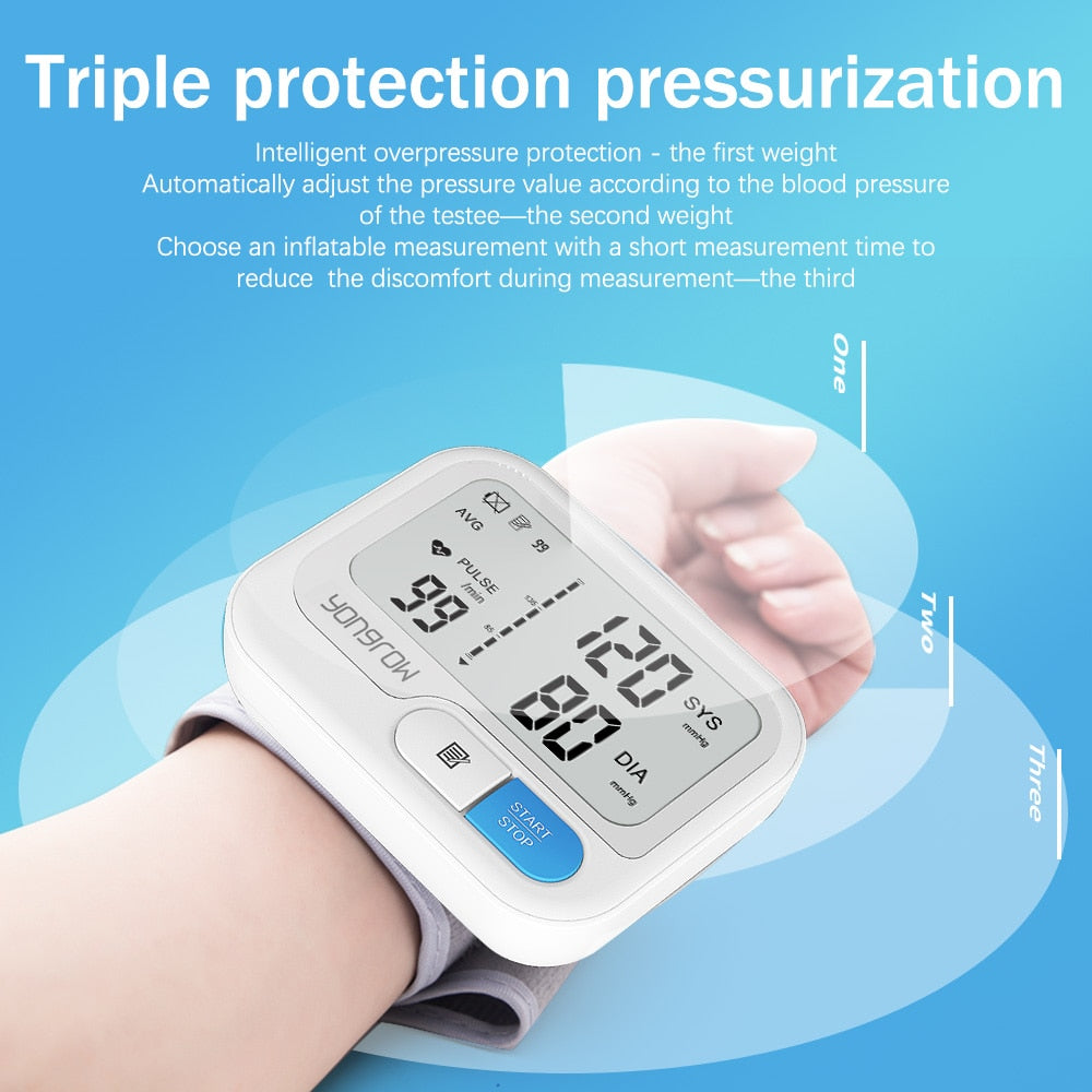 Digital wrist blood pressure monitor with portable LCD display usage example