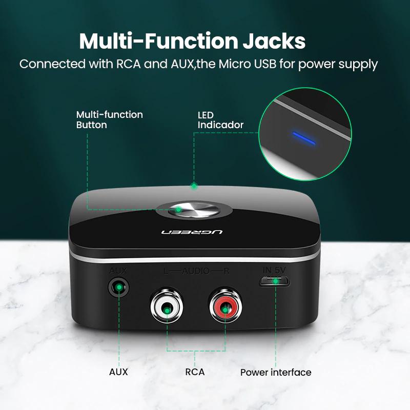 Bluetooth audio receiver wireless 3.5mm RCA adapter for speakers and cars included accessories view