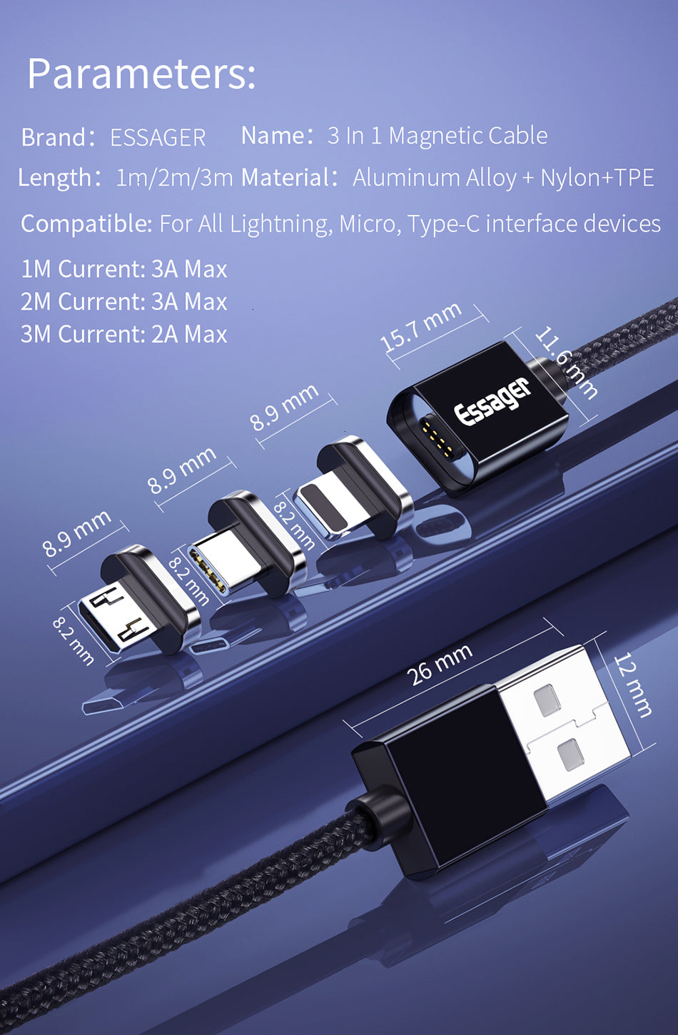 Magnetic nylon charging cable set with swappable connector tips back view