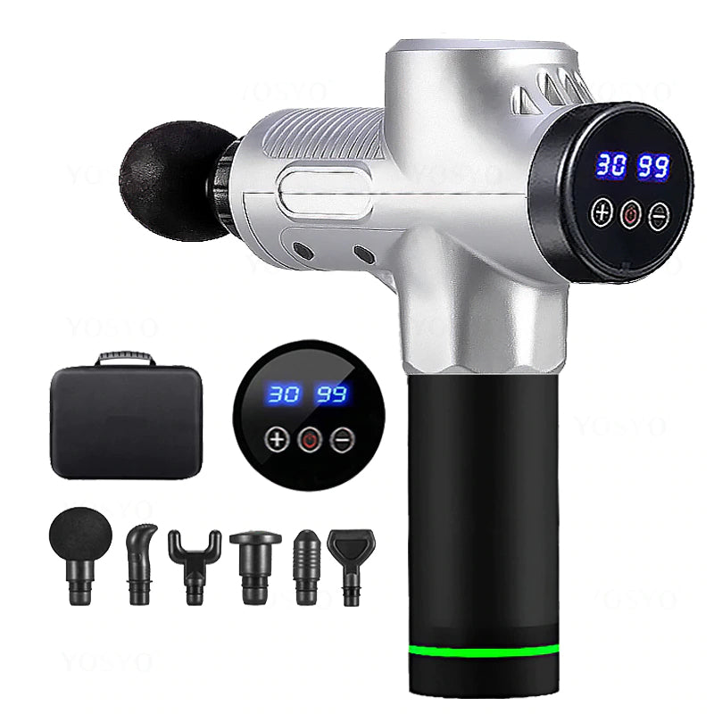 LCD rechargeable deep tissue massage gun with 6 attachment heads size and design view