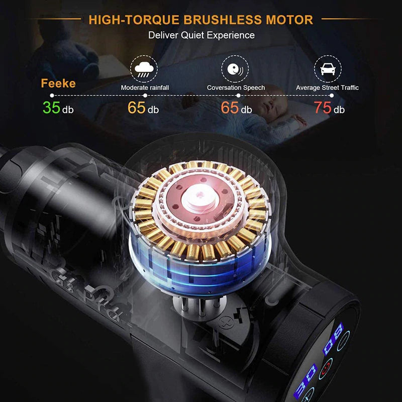 LCD rechargeable deep tissue massage gun with 6 attachment heads feature closeup
