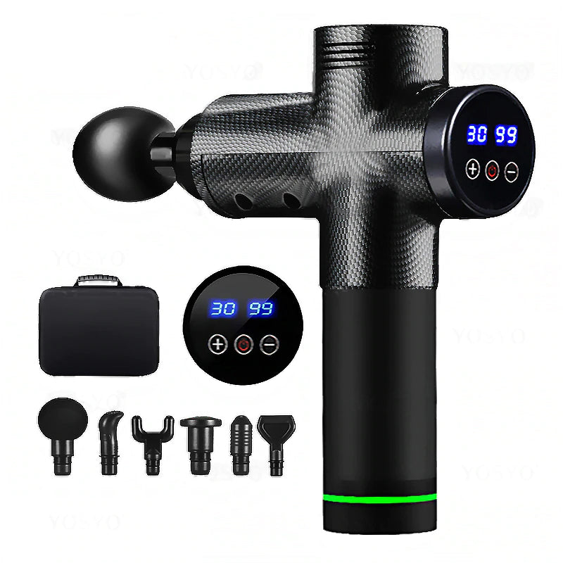 LCD rechargeable deep tissue massage gun with 6 attachment heads side view