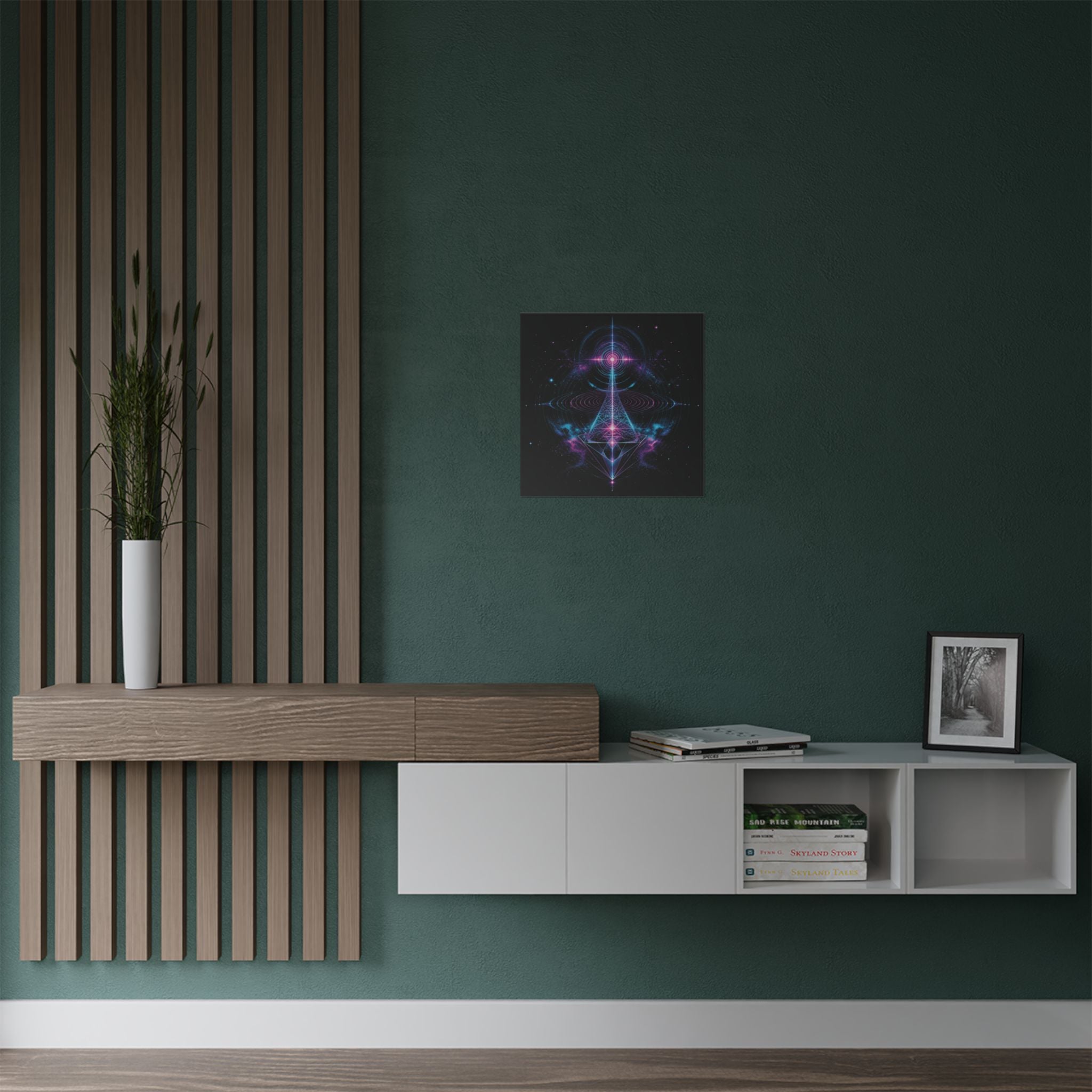 Chromatic Echo Field art print displayed on a deep green living room wall