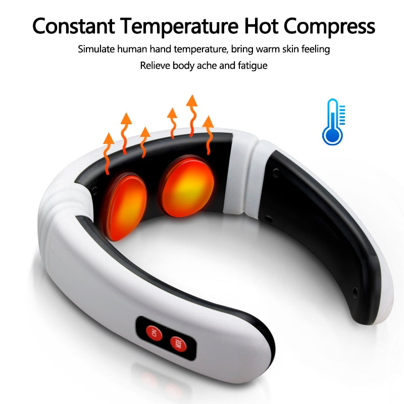 Portable wireless heated neck massager comfort tool with optional patches feature closeup