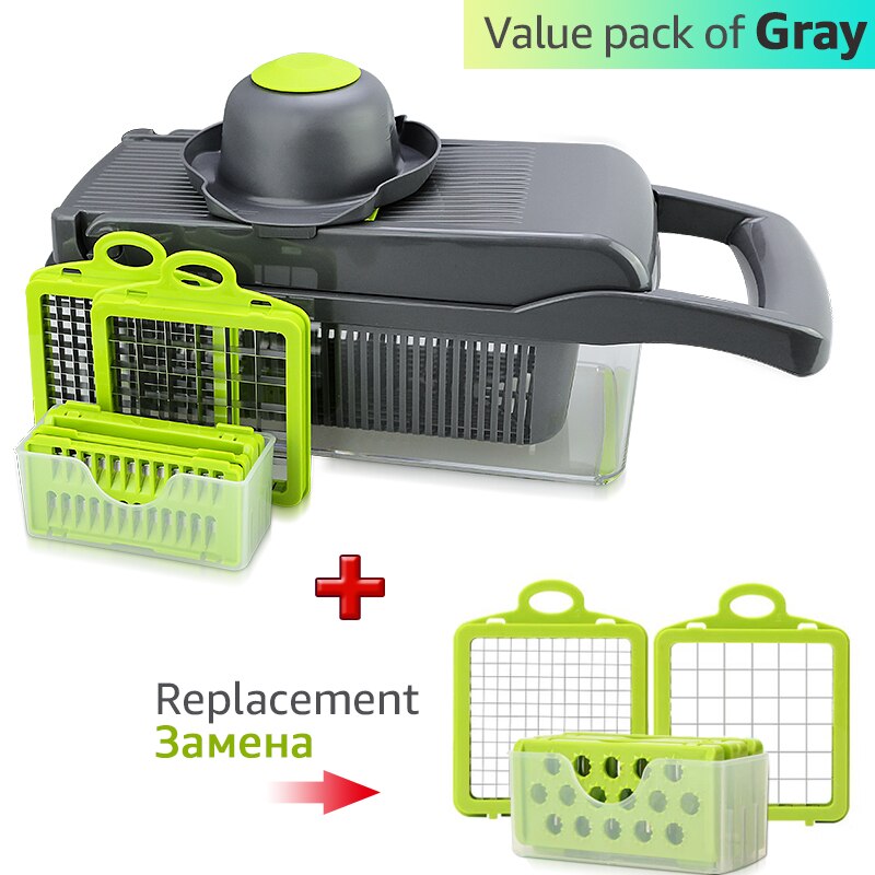 Kitchen mandoline slicer vegetable chopper cutter and food prep tool setup view