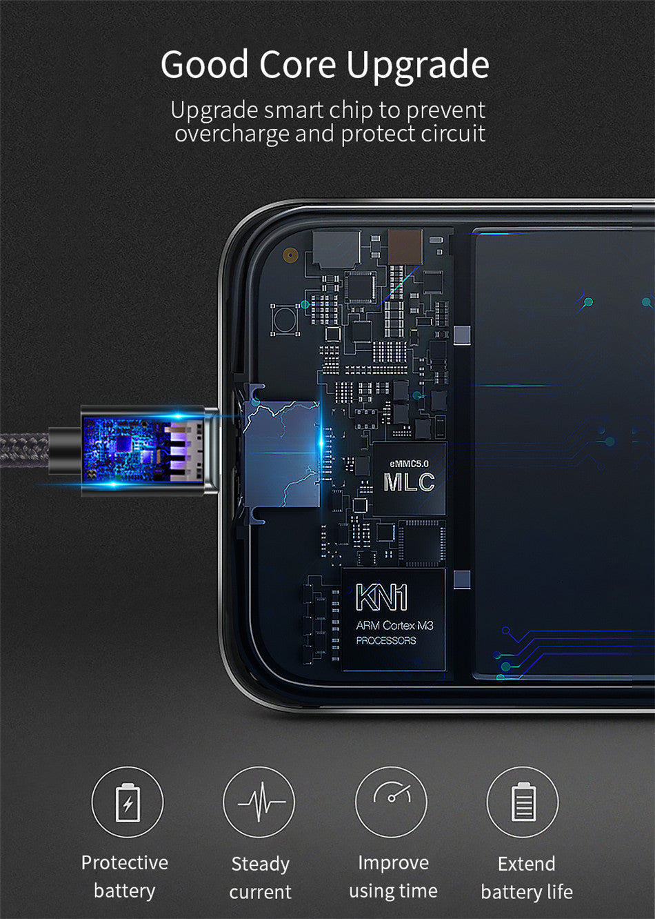 Magnetic nylon charging cable set with swappable connector tips closeup detail