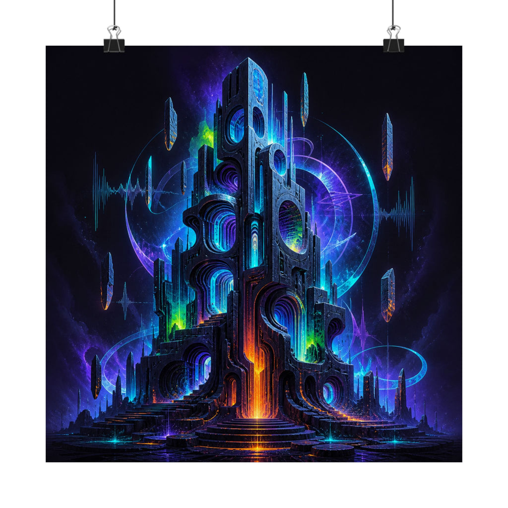Polyphonic Monolith square satin art print displayed with black binder clips