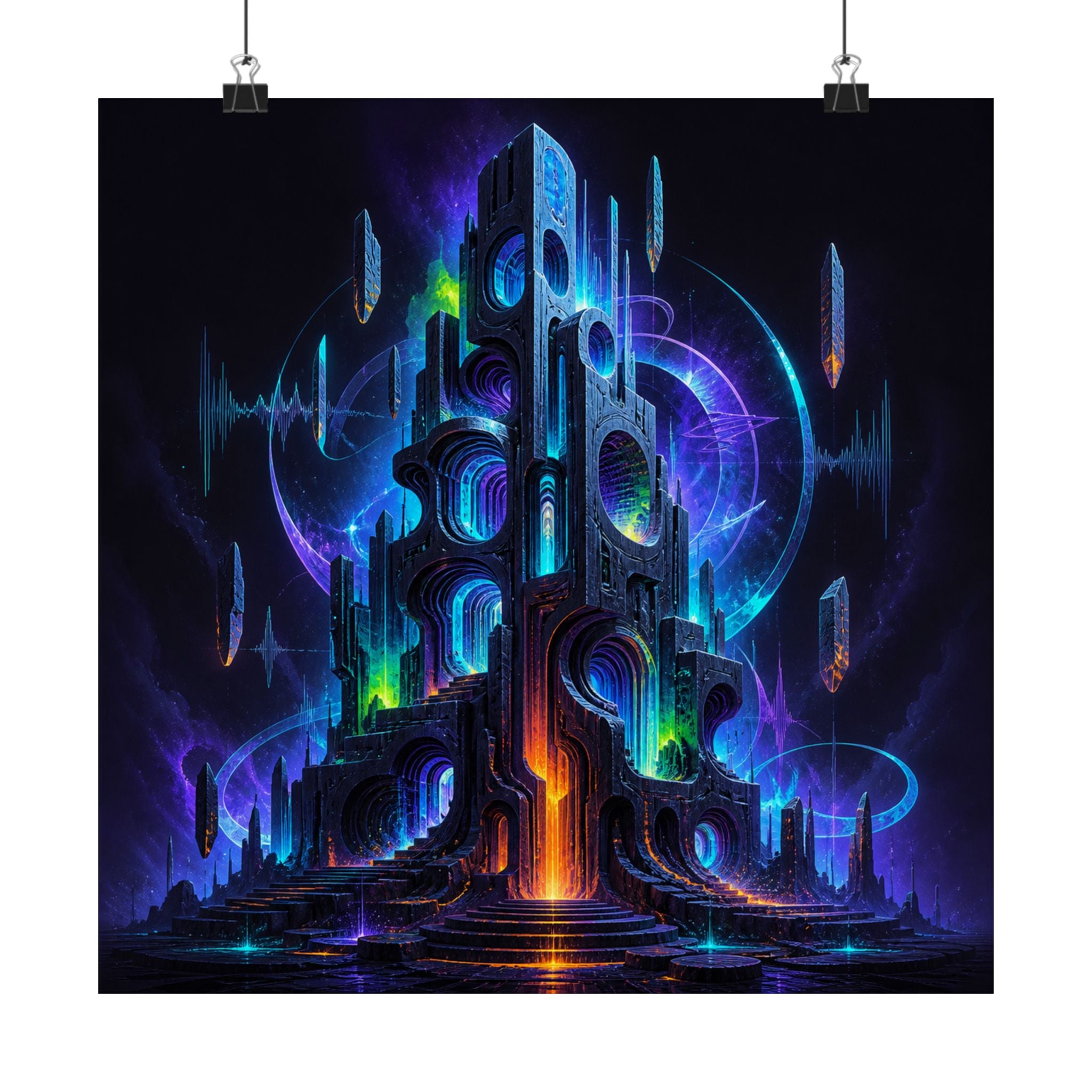 Polyphonic Monolith square satin art print displayed with black binder clips