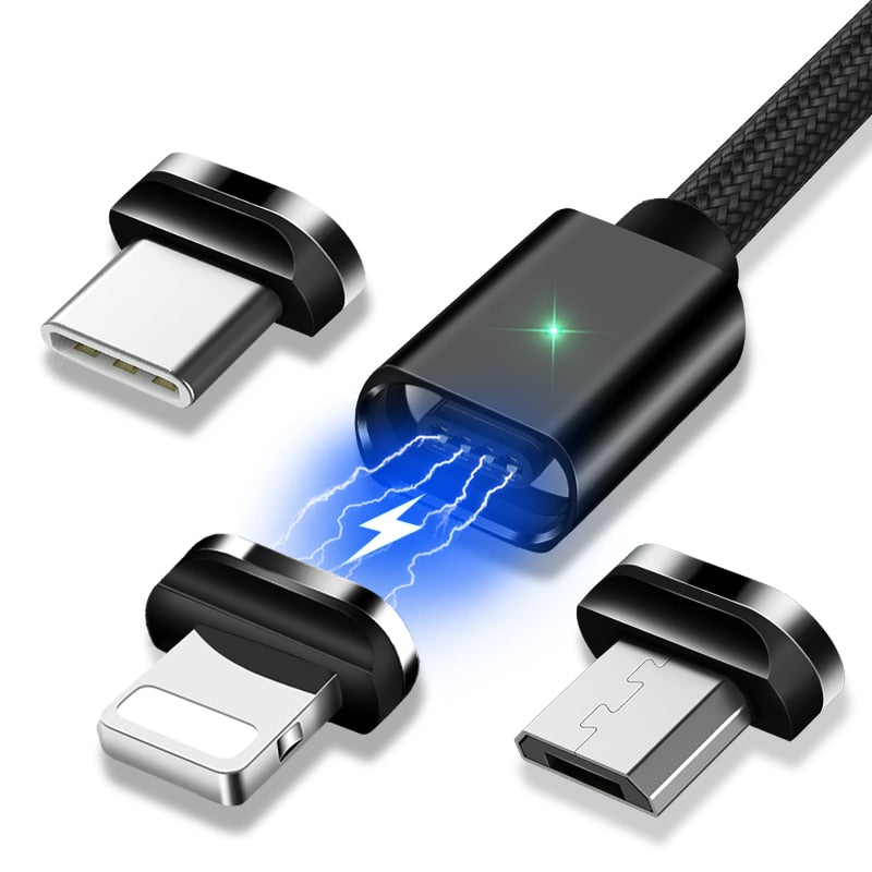 Magnetic nylon charging cable set with swappable connector tips detail view