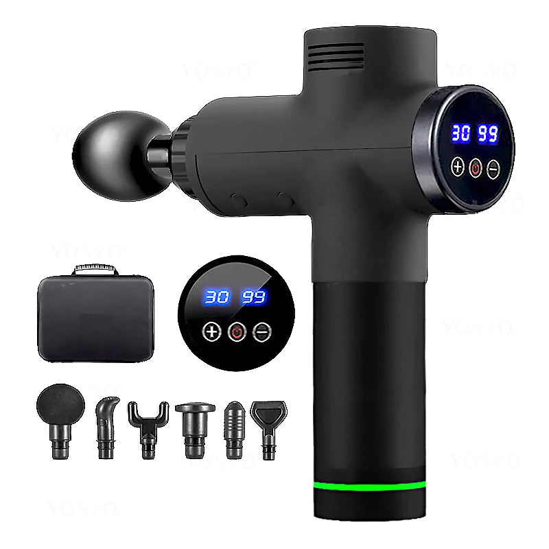 LCD rechargeable deep tissue massage gun with 6 attachment heads closeup detail