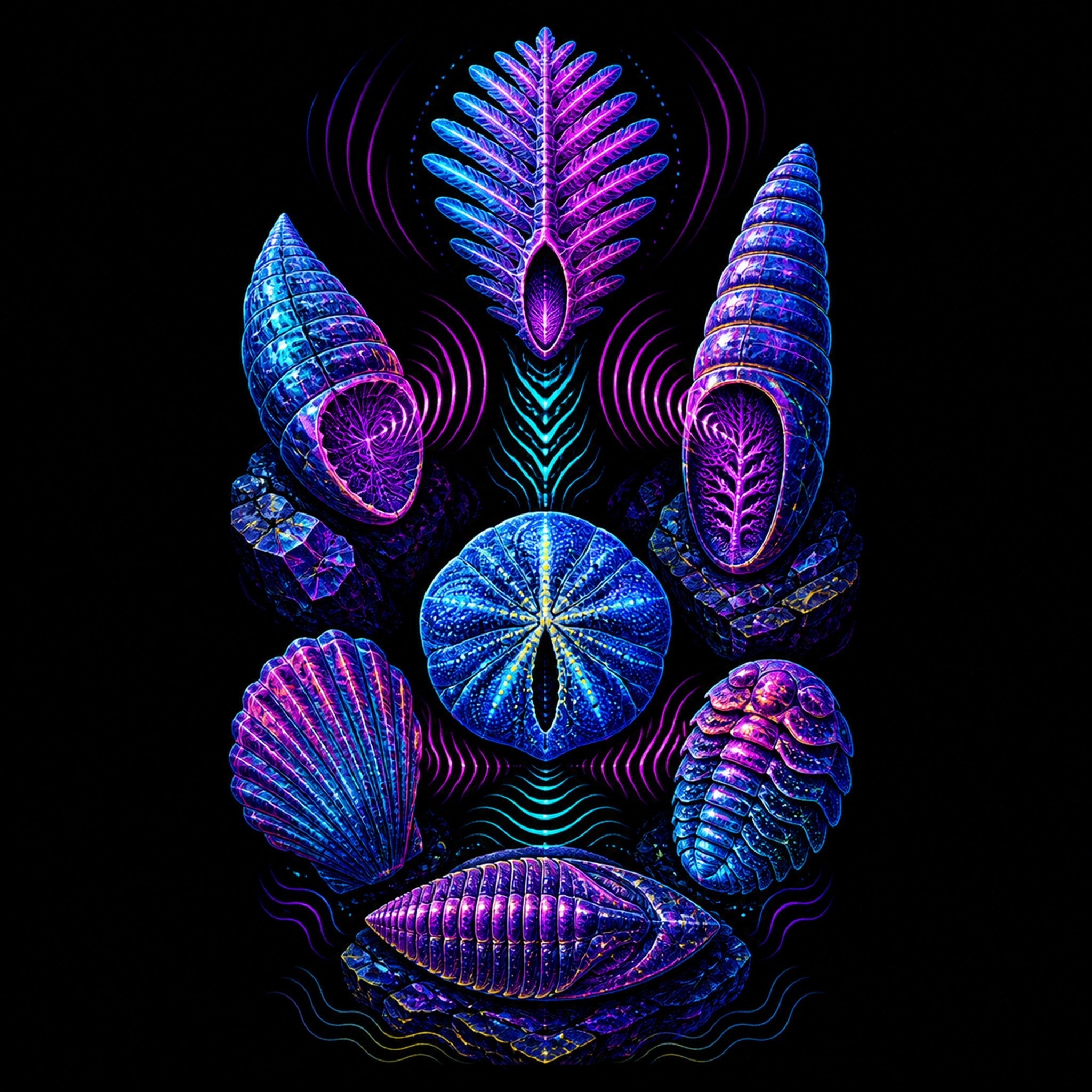 Original TrendTap blacklight creatures piece titled Ultraviolet Fossil Choir, prepared as an art print