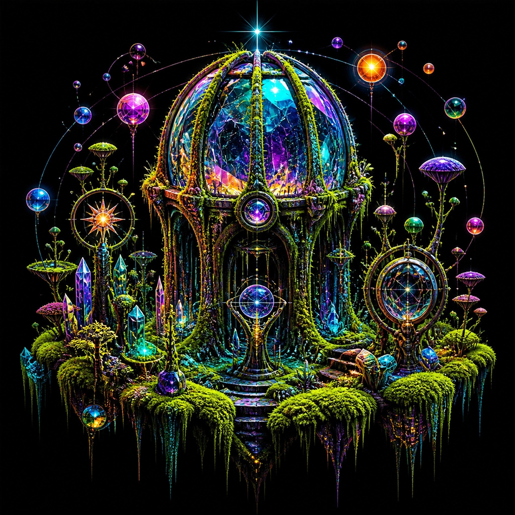 Original TrendTap alien botanical systems piece titled Prism Moss Observatory, prepared as an art print