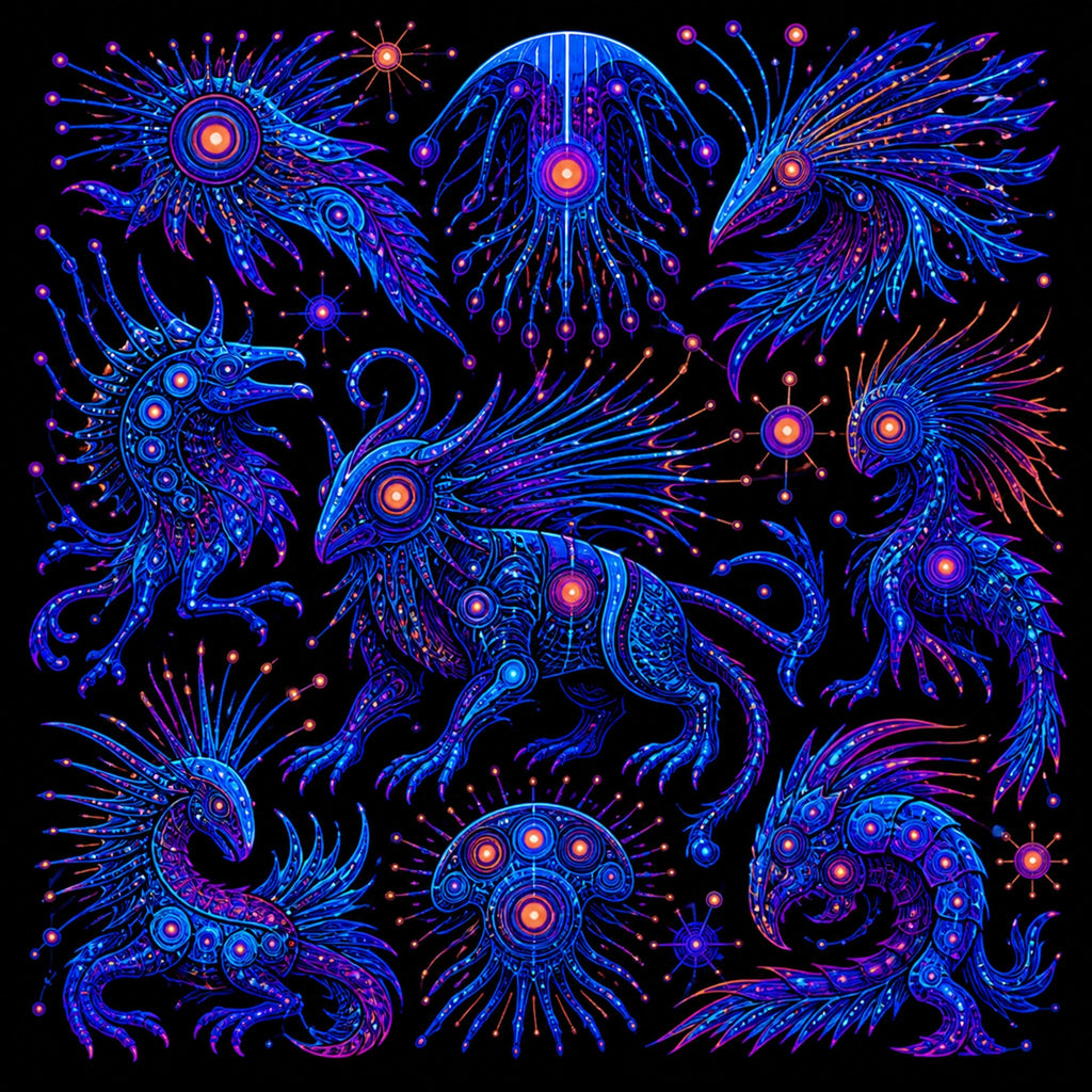 Original TrendTap blacklight creatures piece titled Blue Static Menagerie, prepared as an art print
