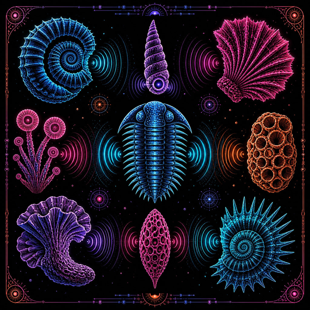 Original TrendTap blacklight creatures piece titled Neon Fossil Choir, prepared as an art print