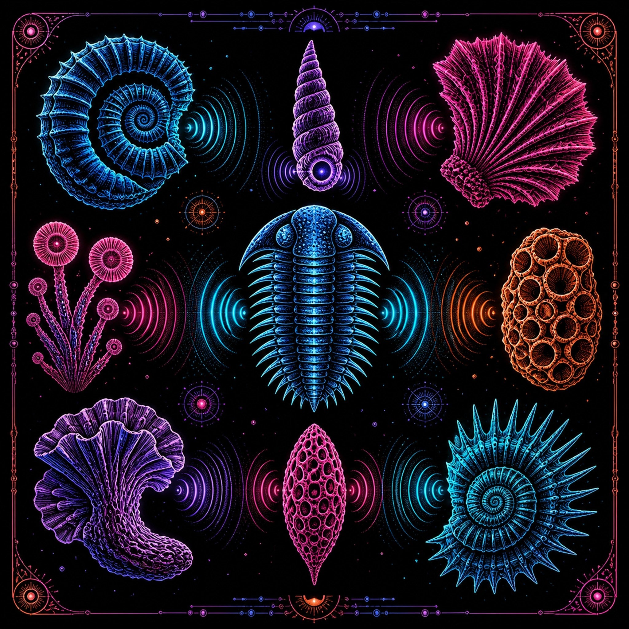 Original TrendTap blacklight creatures piece titled Neon Fossil Choir, prepared as an art print