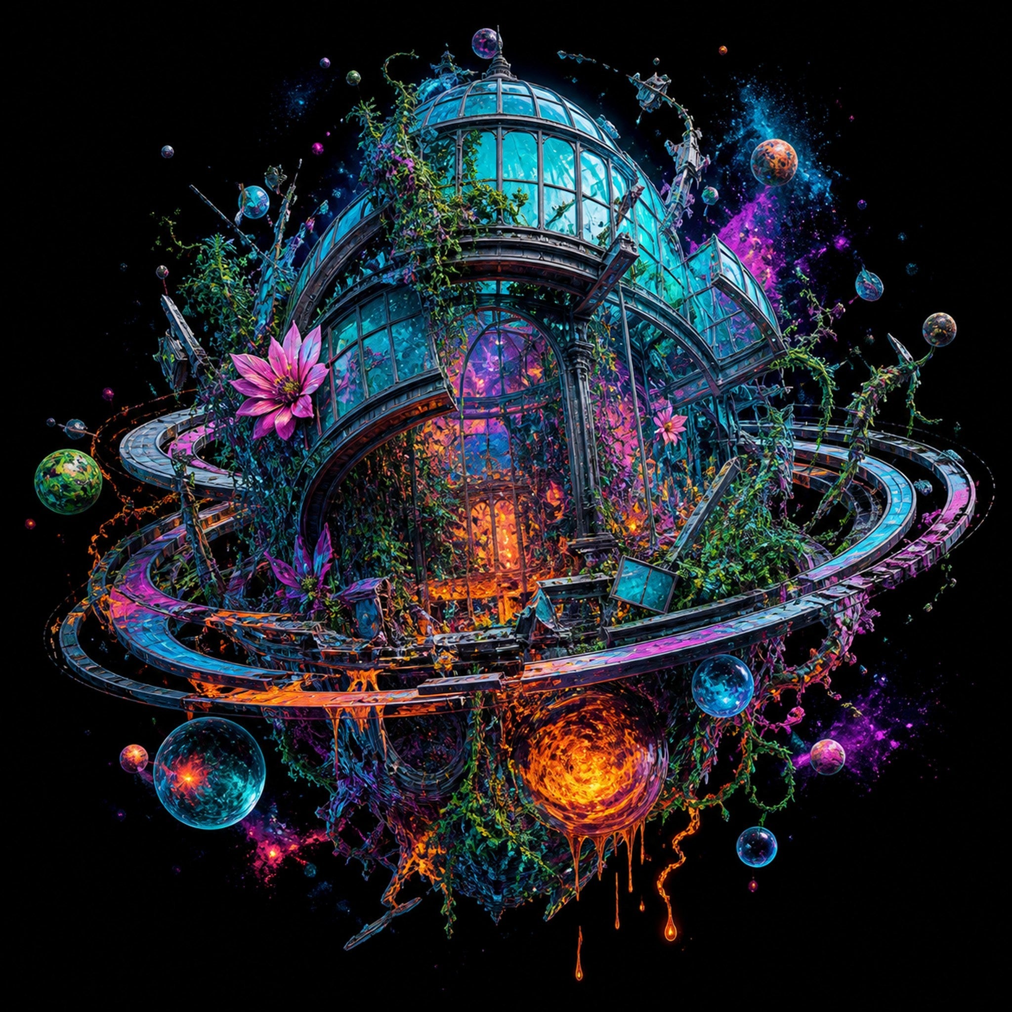 Original TrendTap cosmic architecture piece titled Orbital Hothouse Collapse, prepared as an art print