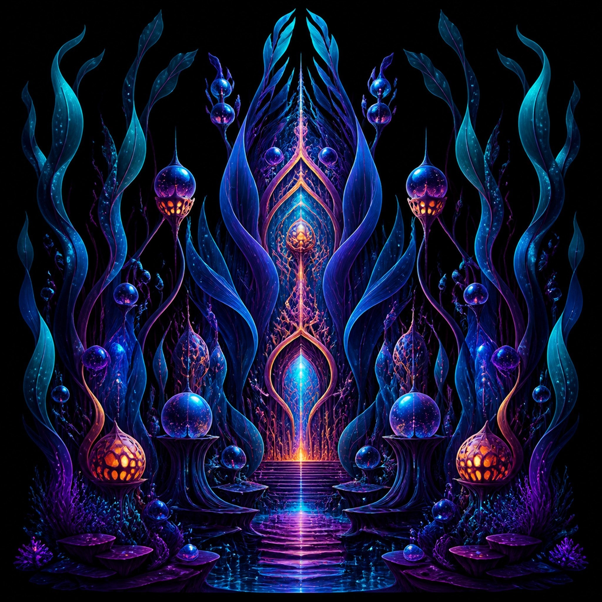 Original TrendTap alien botanical systems piece titled Ultraviolet Kelp Cathedral, prepared as an art print
